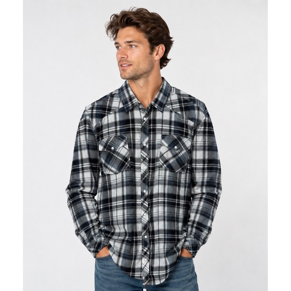 Reclaim Athletic Mens XXL Black Plaid Pearl Snap Western Flannel Shirt LS Rodeo